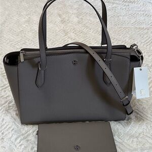 Tory Burch Gray Heron Saffiano Leather Emerson Small Zip Tote NWT + Wallet